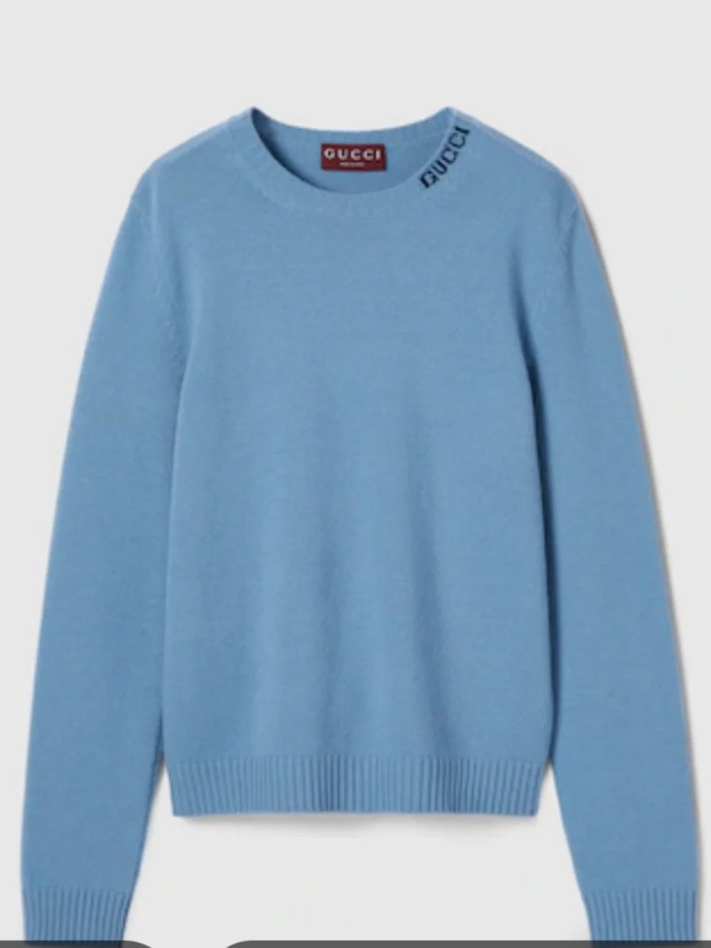 Men’s Gucci Felted Light Blue Wool Knit Sweater with Intarsia. Size XL
